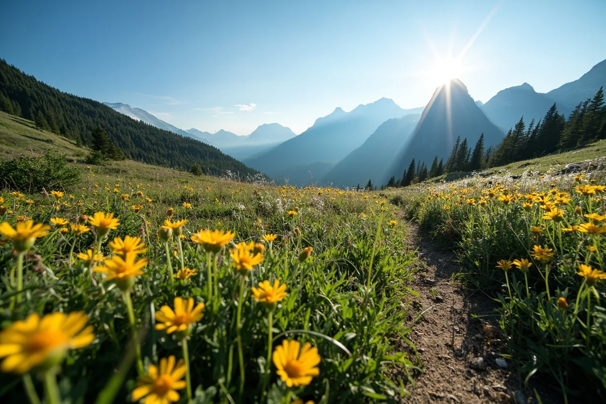 Wildflower meadow along the trail with distant mountain peaks
