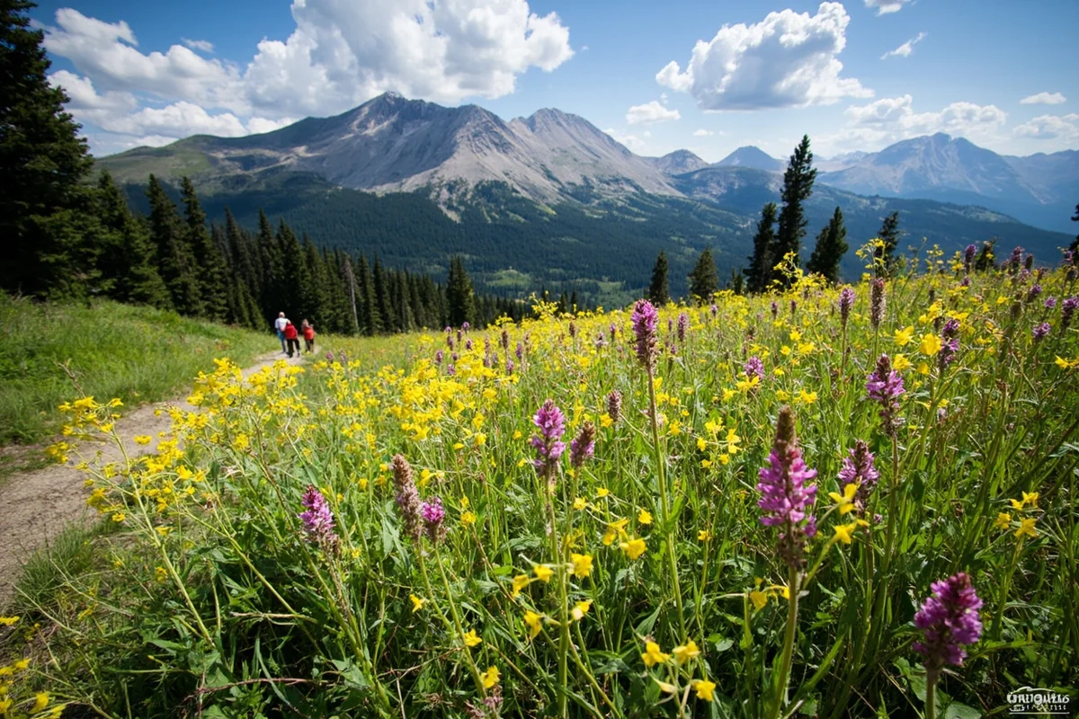 Wildflower meadow at Logan Pass with beargrass in bloom and visitors on the Hidden Lake Trail