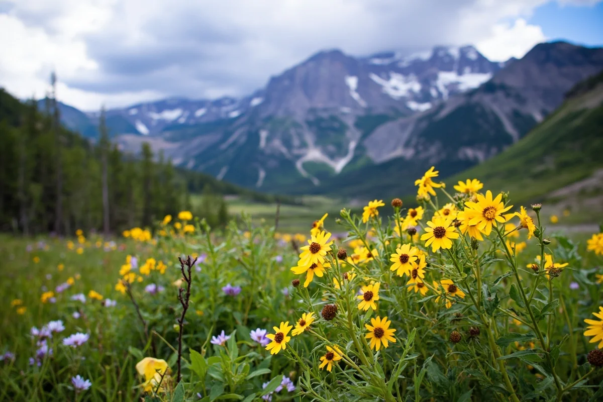 Wildflowers blooming in alpine meadow at Glacier National Park