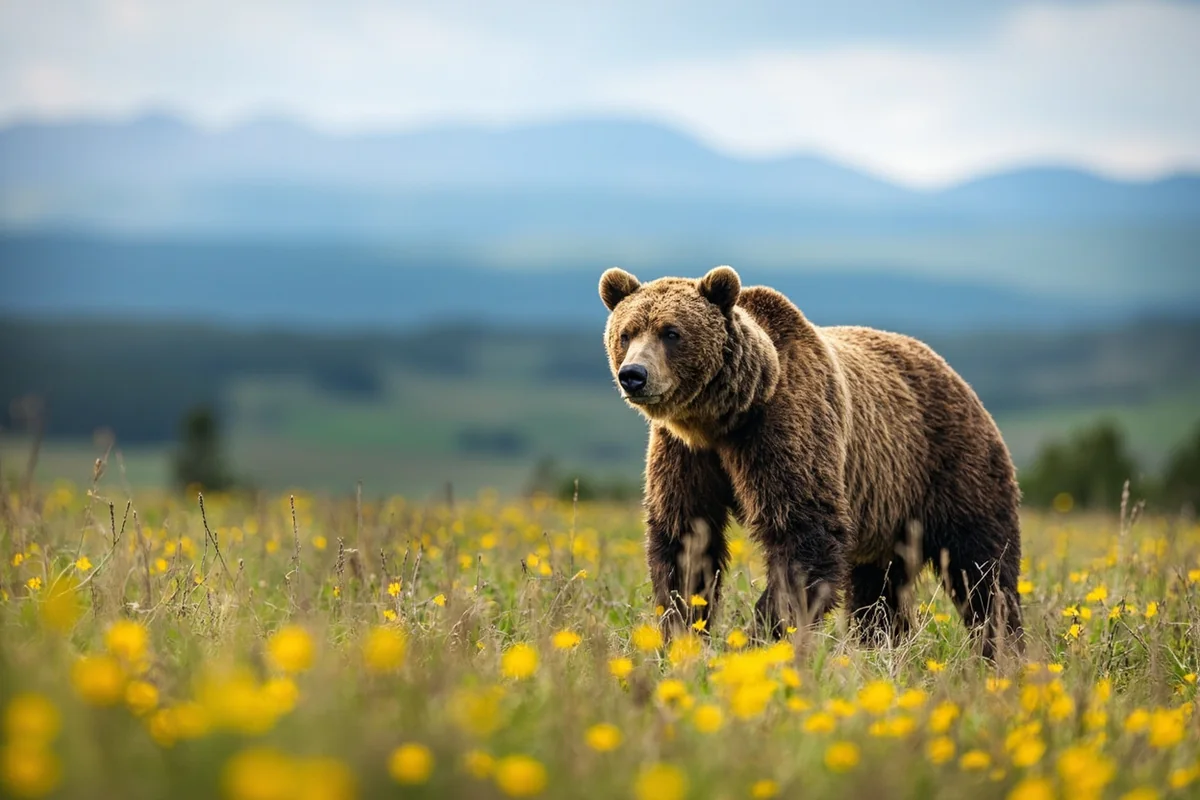 Wildlife - grizzly bear in spring meadow with Montana mountains in background