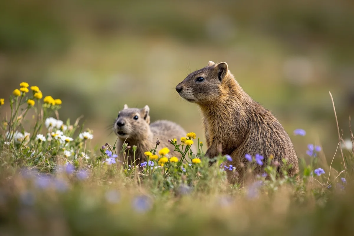 Wildlife (marmot or pika) among alpine wildflowers