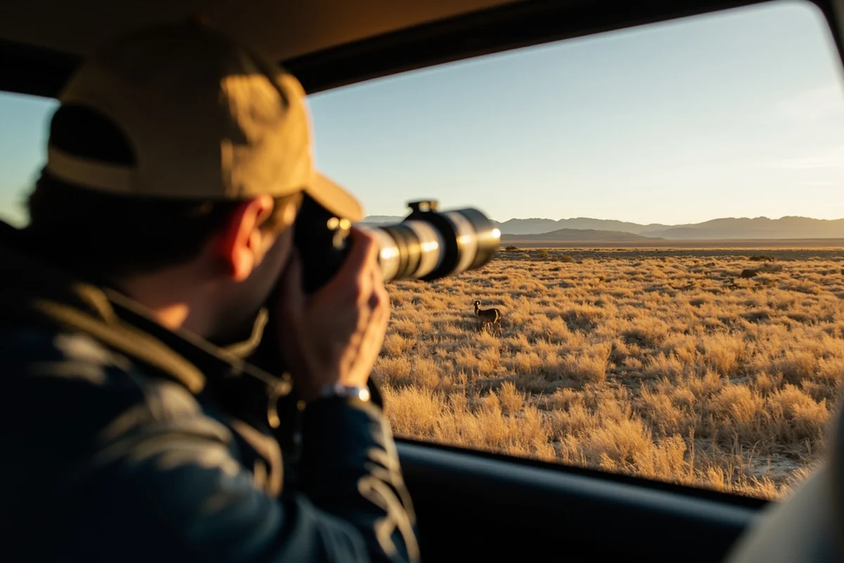 Wildlife photographer using telephoto lens from vehicle at safe distance from deer