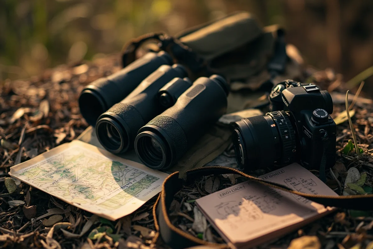 Wildlife photography equipment laid out - binoculars, camera with telephoto lens, field guide