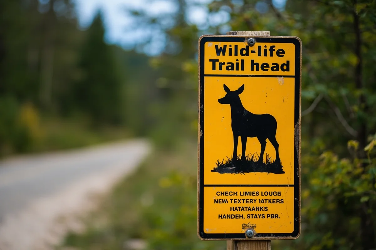 Wildlife warning sign at trailhead with forest background