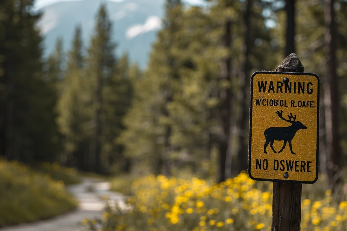 Wildlife warning sign at wilderness boundary with forest backdrop