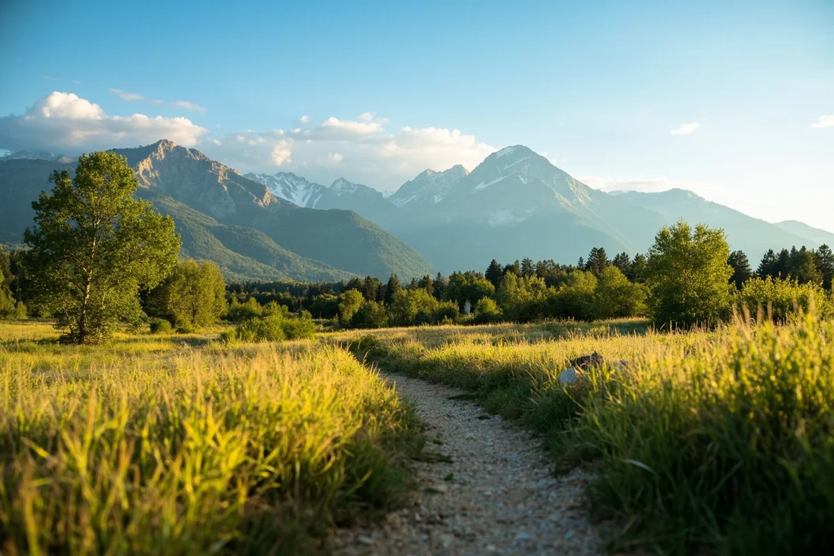 Willow flat meadow section of trail with mountain peaks in distance