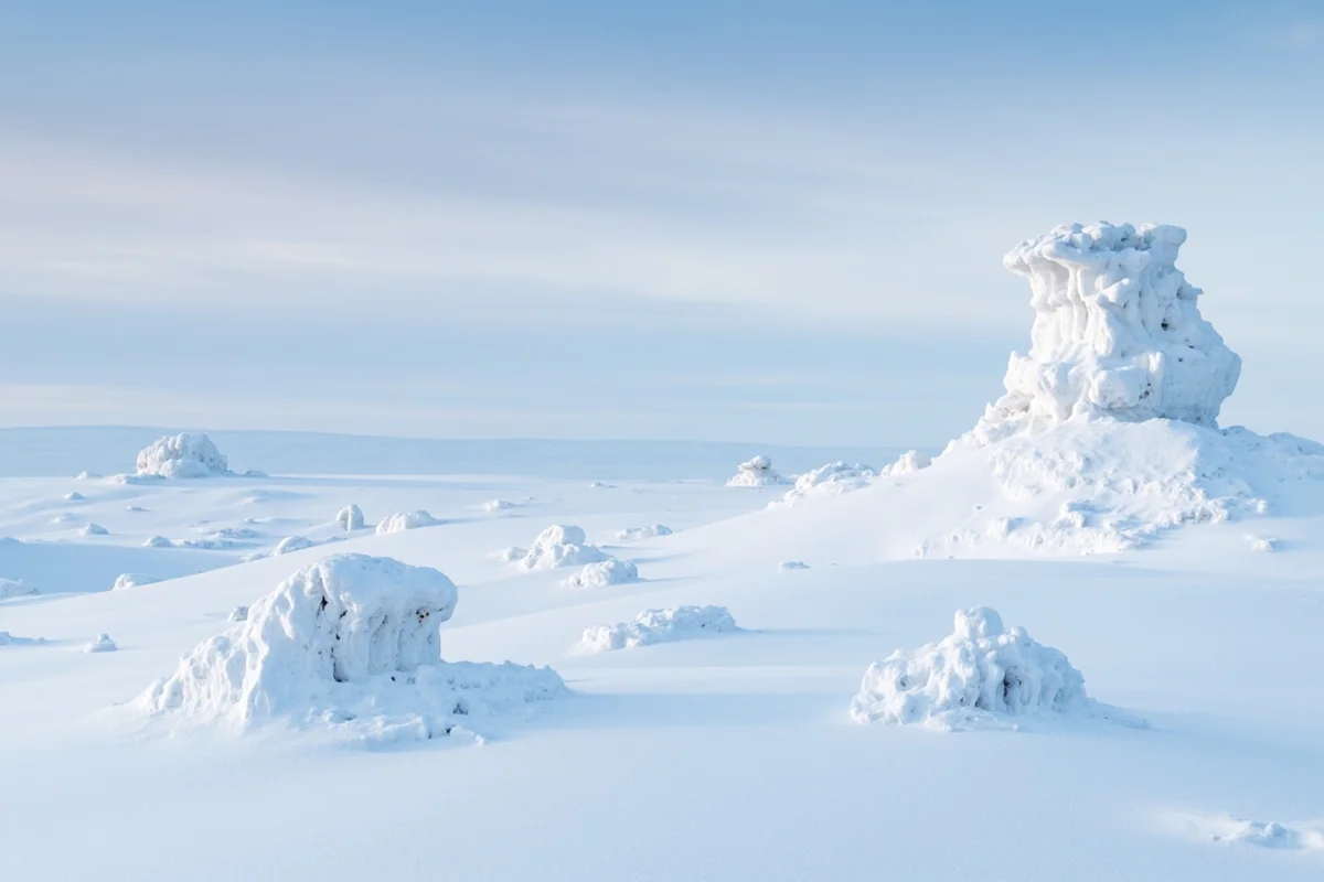 Wind-sculpted snow formations called sastrugi on Montana's eastern plains