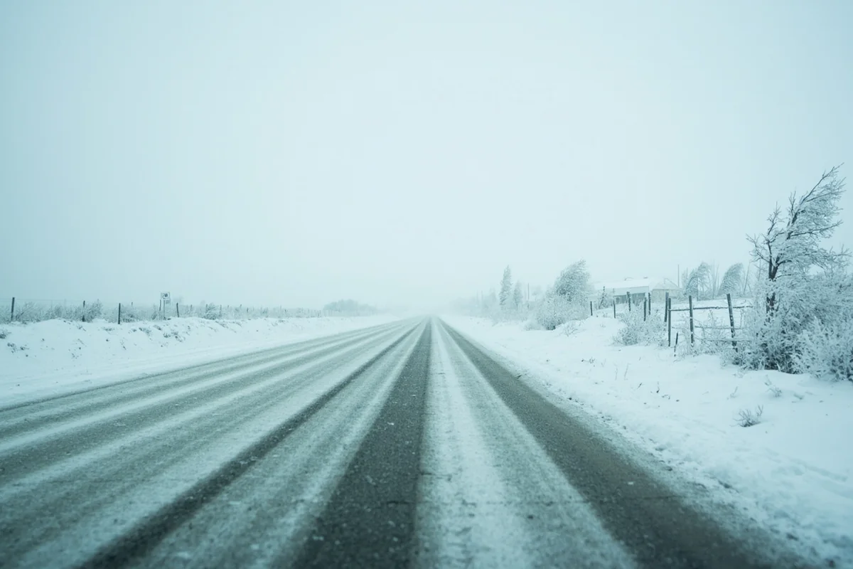 Wind-swept snow drifts across a rural Montana highway with cattle fencing barely visible