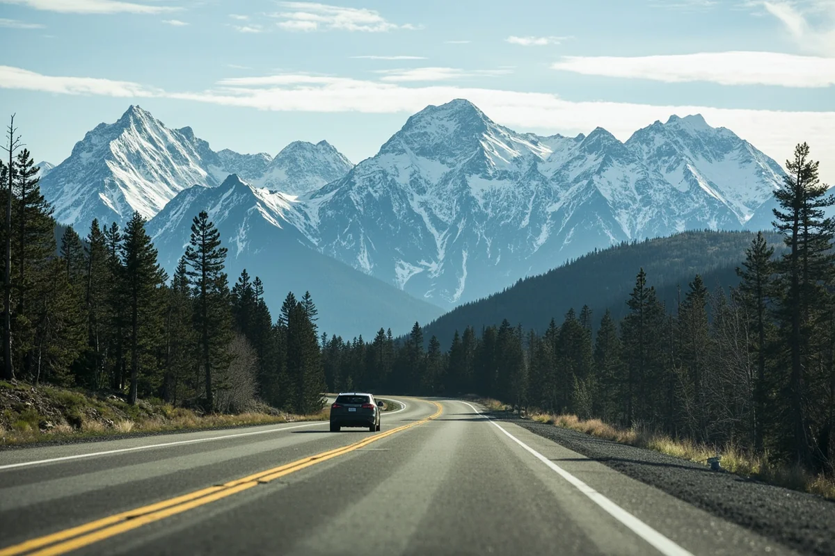 Winding Beartooth Highway with snow-capped peaks in the background