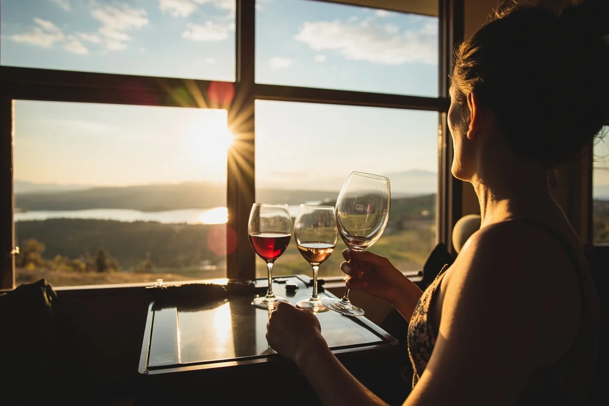 Wine tasting flight at Flathead Lake Winery with lake views
