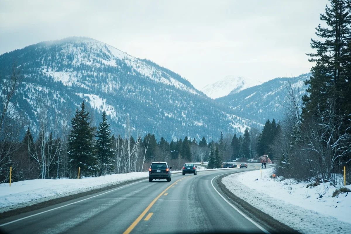 Winter driving conditions near the Idaho border at Lookout Pass, showing snowy mountain roads