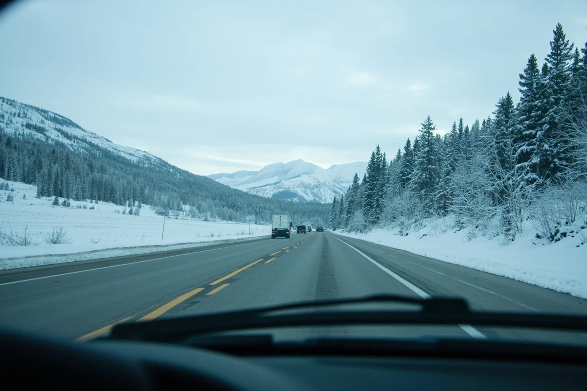 Winter driving conditions on Montana highway with snow-covered landscape