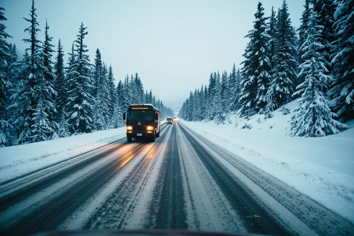 Winter driving scene in Montana showing snowy road conditions and prepared vehicle