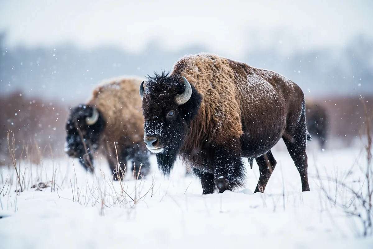 Winter scene at American Prairie Reserve showing bison in snow with frosted coats