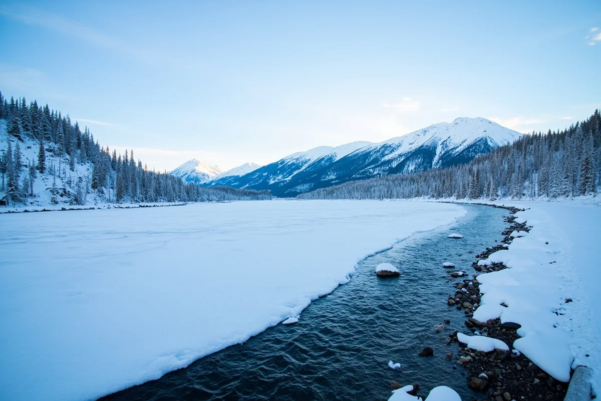 Winter scene at Lake McDonald with frozen shoreline and snow-covered mountains