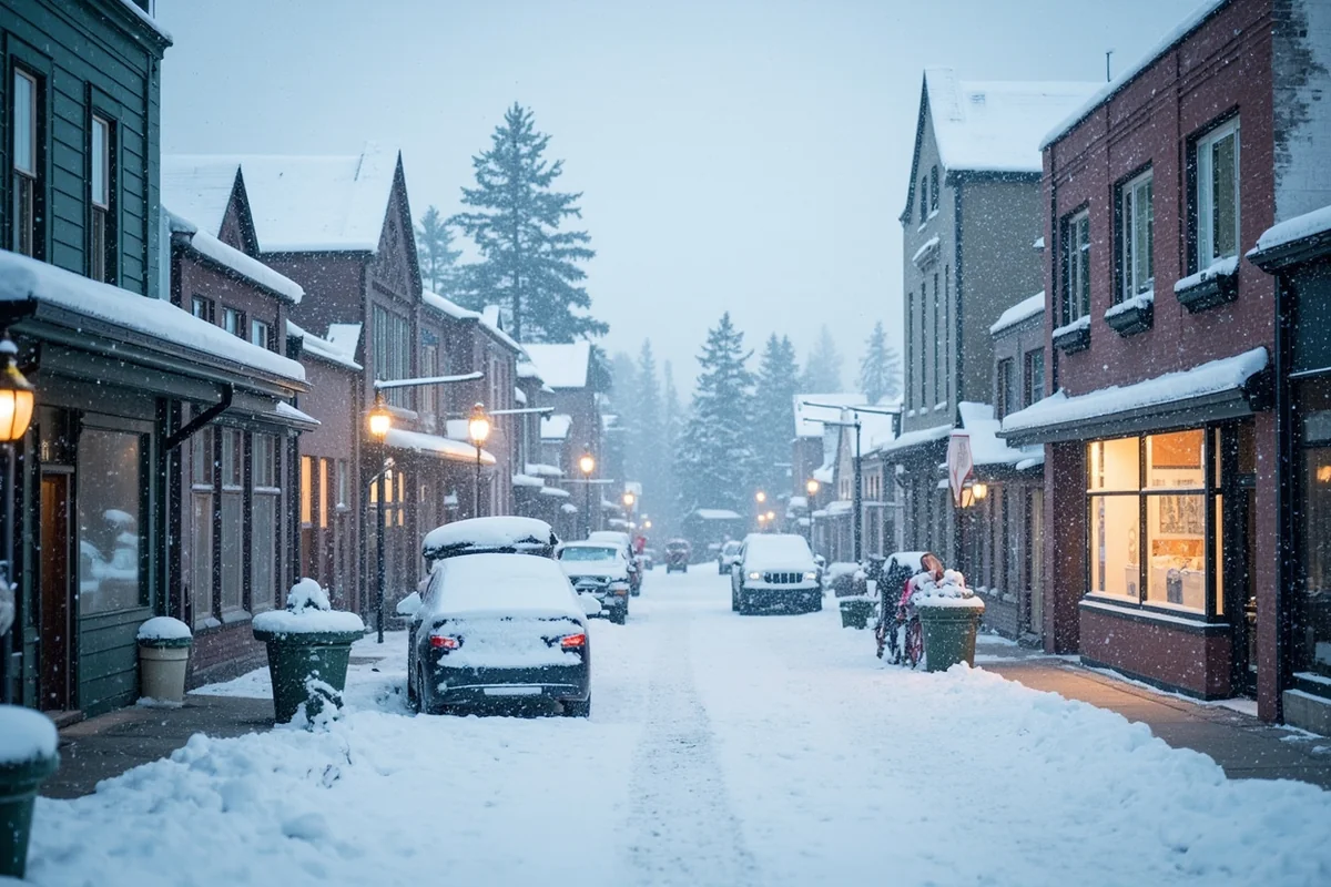Winter scene of Montana town with snow-covered buildings and frost on windows