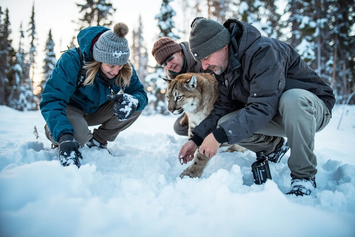 Winter wildlife tour group examining mountain lion tracks in Montana snow