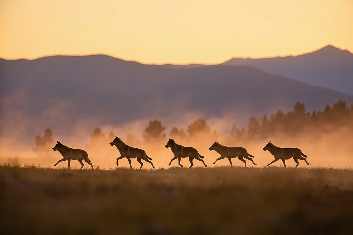 Wolf pack crossing the Lamar Valley at sunrise with mountains in background
