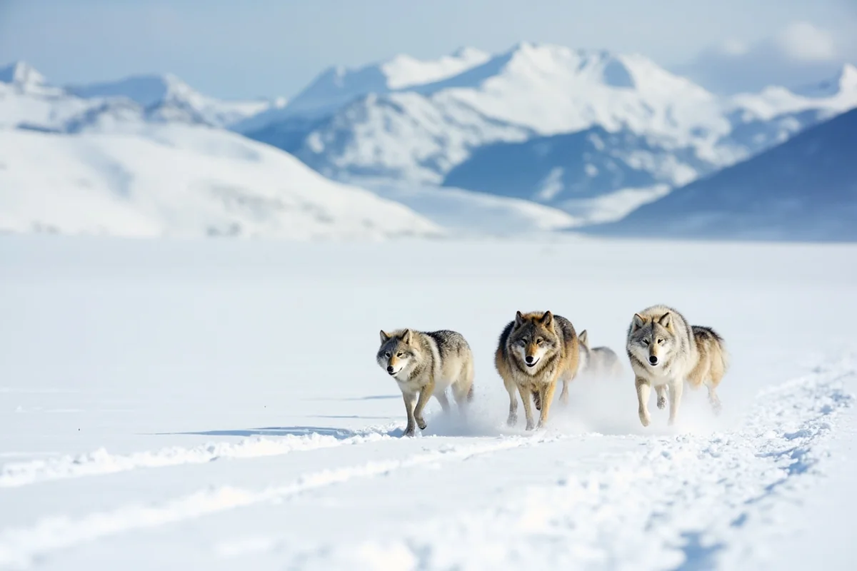 Wolf pack moving through snow-covered Lamar Valley with mountains in background
