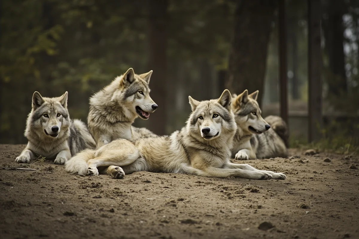 Wolf pack resting in natural habitat enclosure