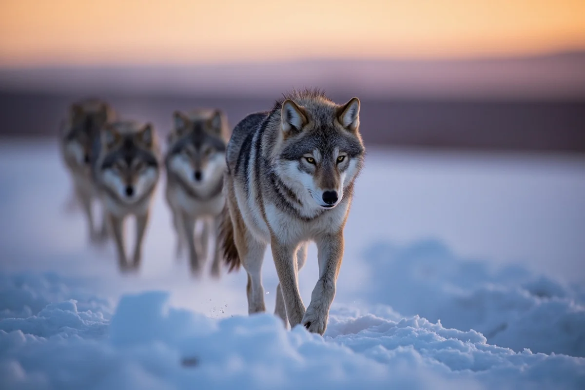 Wolf pack traveling single file through snow in Lamar Valley at dawn