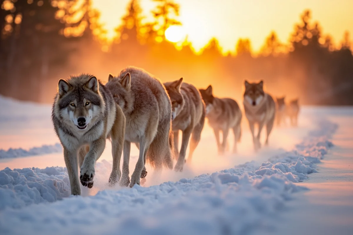 Wolf pack traversing snowy Lamar Valley in Yellowstone during golden hour