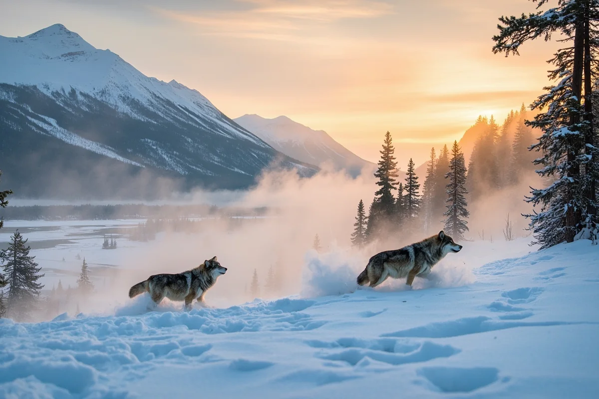 Wolves hunting in snow-covered Lamar Valley at dawn with steam rising from the Yellowstone River