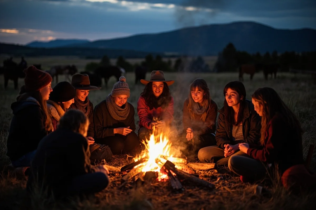 Women gathered around campfire at Montana dude ranch at dusk