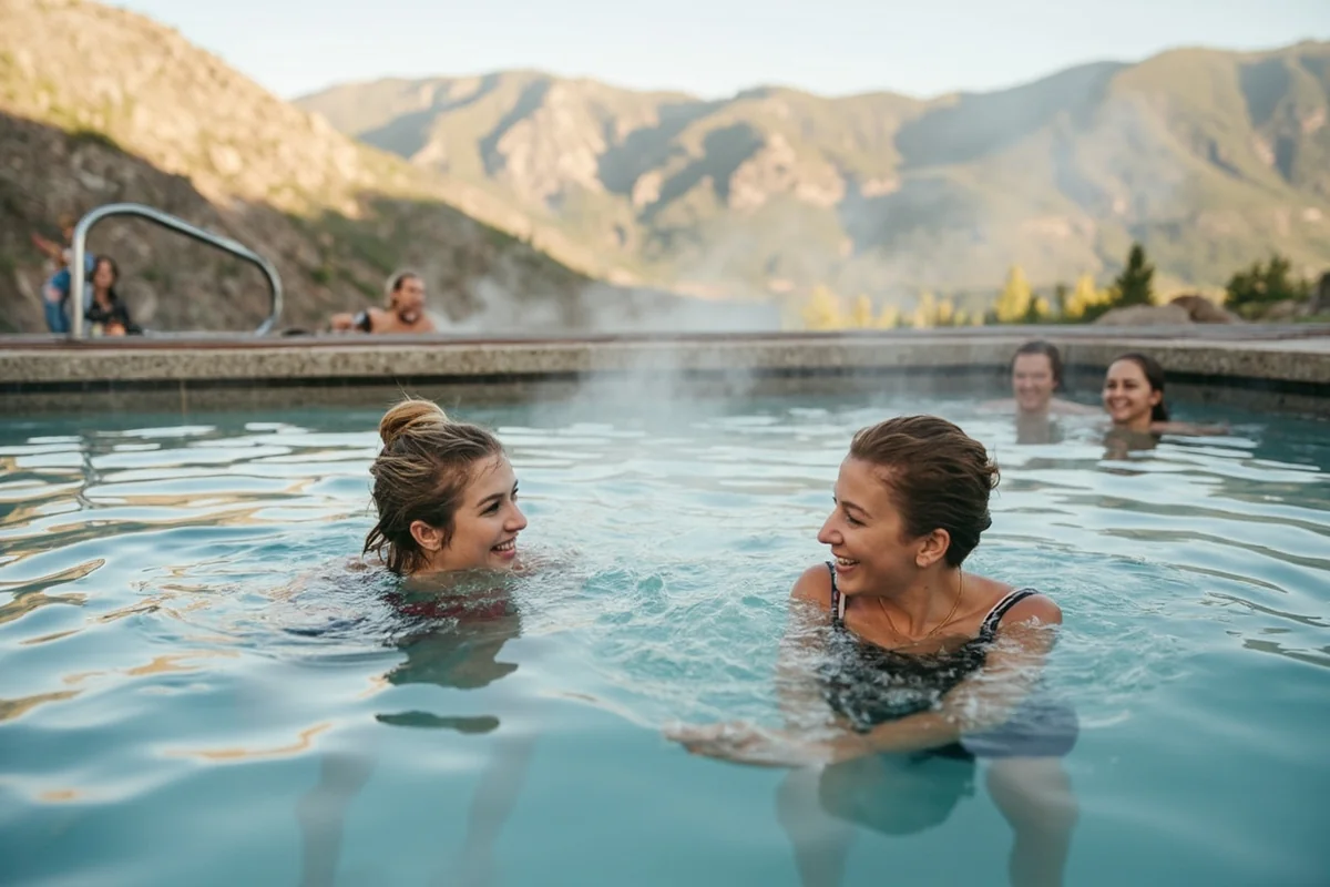 Women relaxing in the outdoor hot springs pool at Chico Hot Springs with mountain views