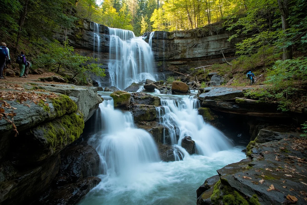 Woodbine Falls dropping 300 feet from the Stillwater Plateau, multiple streams visible during spring runoff, hikers on the trail for scale