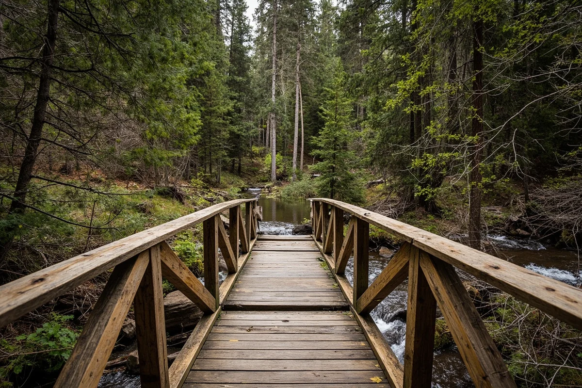 Wooden footbridge crossing seasonal stream surrounded by conifer forest on Ousel Falls Trail