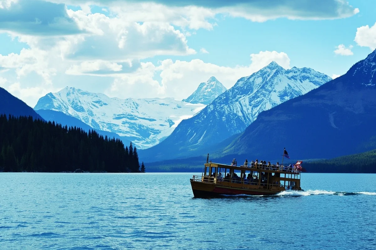 Wooden tour boat crossing St. Mary Lake in Glacier National Park with snow-capped mountains in background
