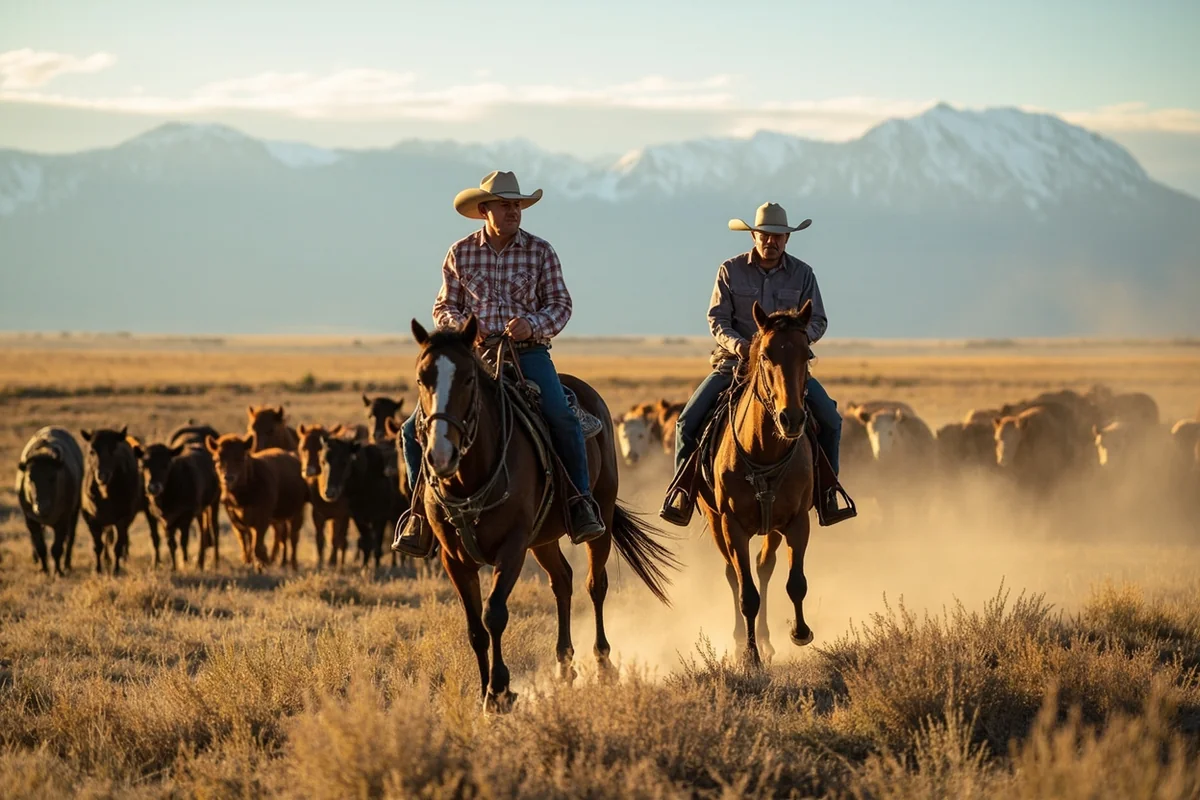 Working cattle ranch in Montana with cowboys and Big Sky background