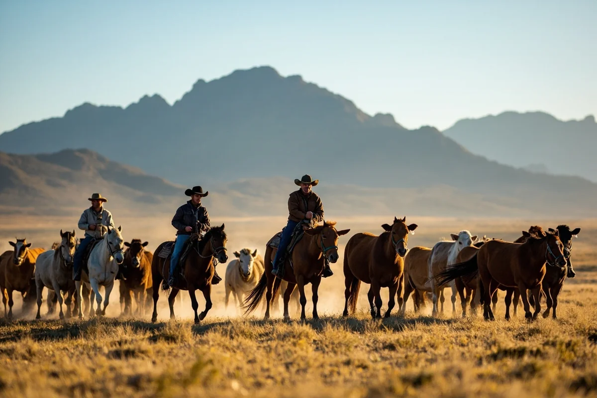 Working cattle ranch with cowboys and mountain backdrop