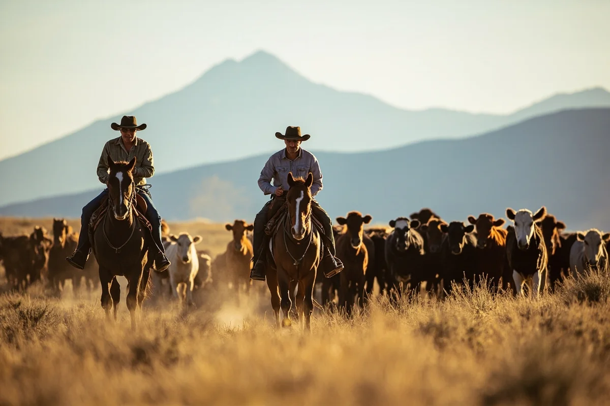 Working cattle ranch with cowboys on horseback against mountain backdrop
