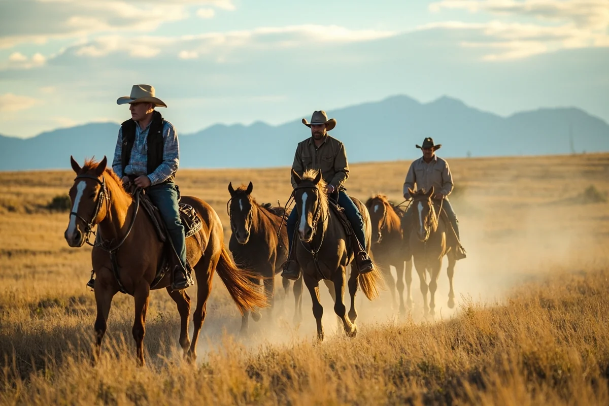 Working cattle ranch with cowboys on horseback in Montana's big sky country