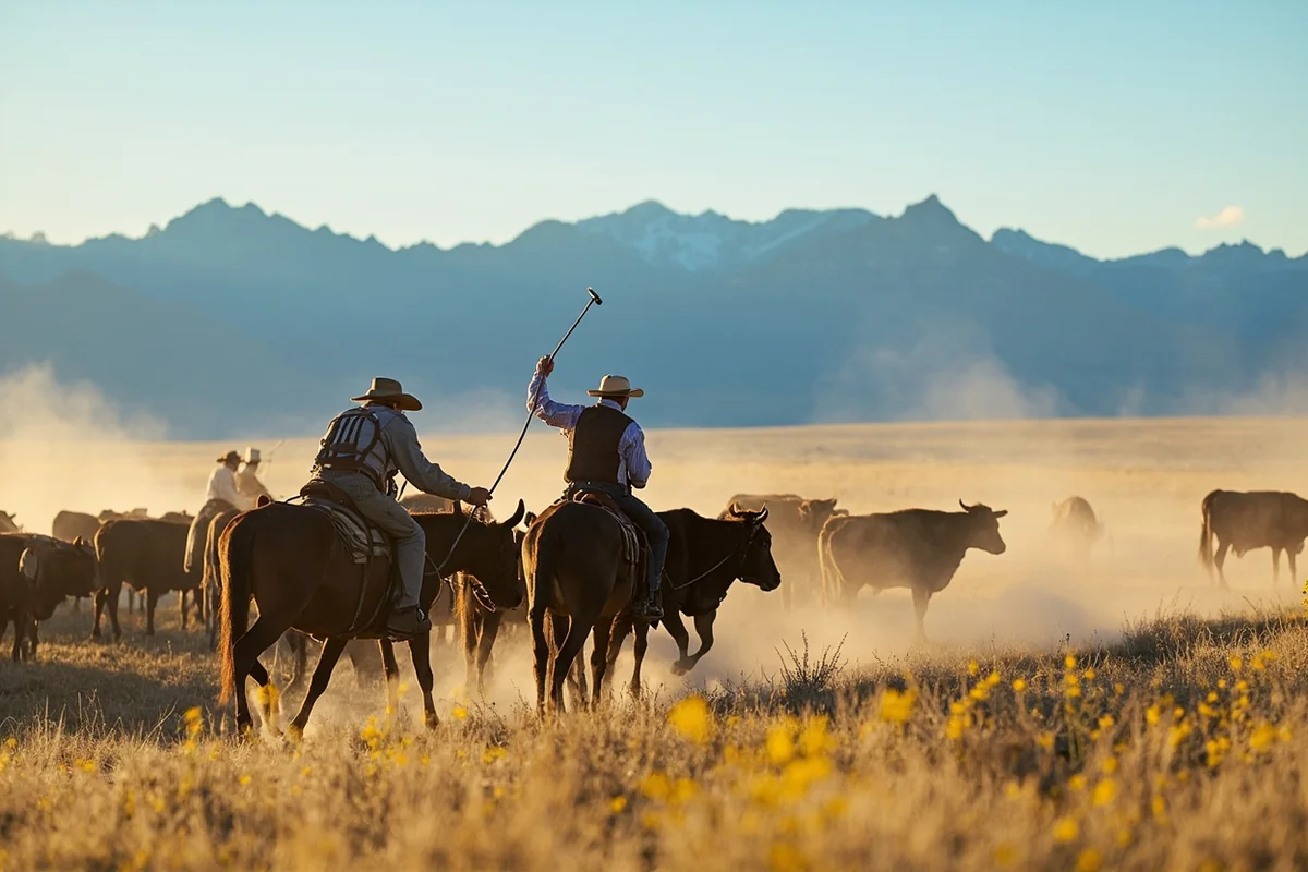 Working cowboys herding cattle with Montana's Rocky Mountains in the distance