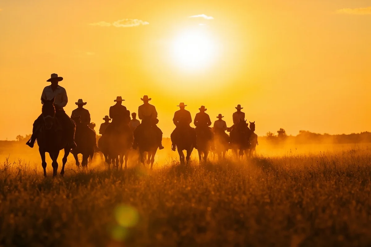 Wrangler leading group of riders through golden sunset meadow