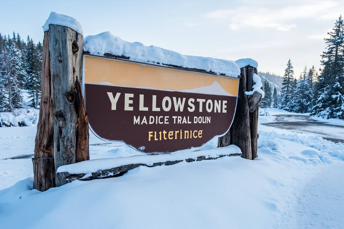 Yellowstone entrance sign in winter with snow covering the surrounding landscape