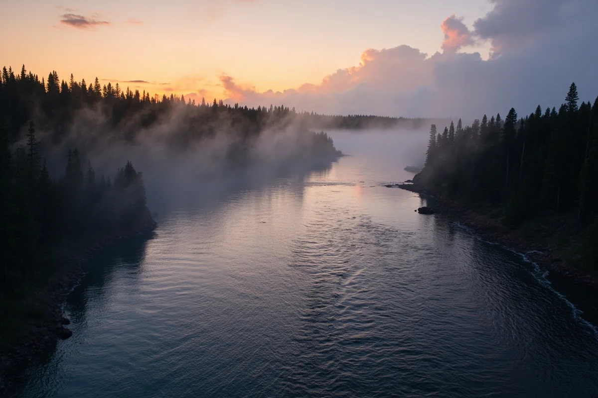 Yellowstone River at dawn with mist rising, Paradise Valley setting