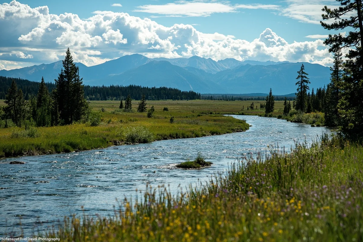 Yellowstone River valley with mountains in background, summer scene