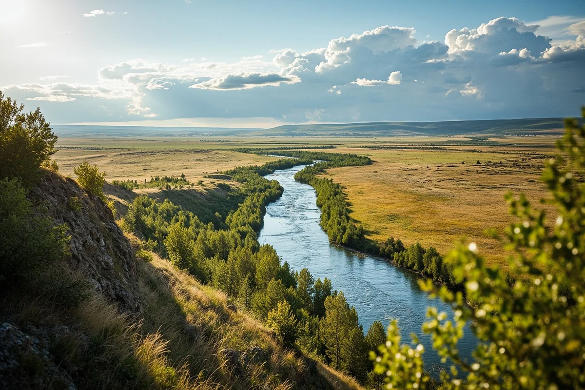 Yellowstone River winding through the valley near Miles City with summer vegetation