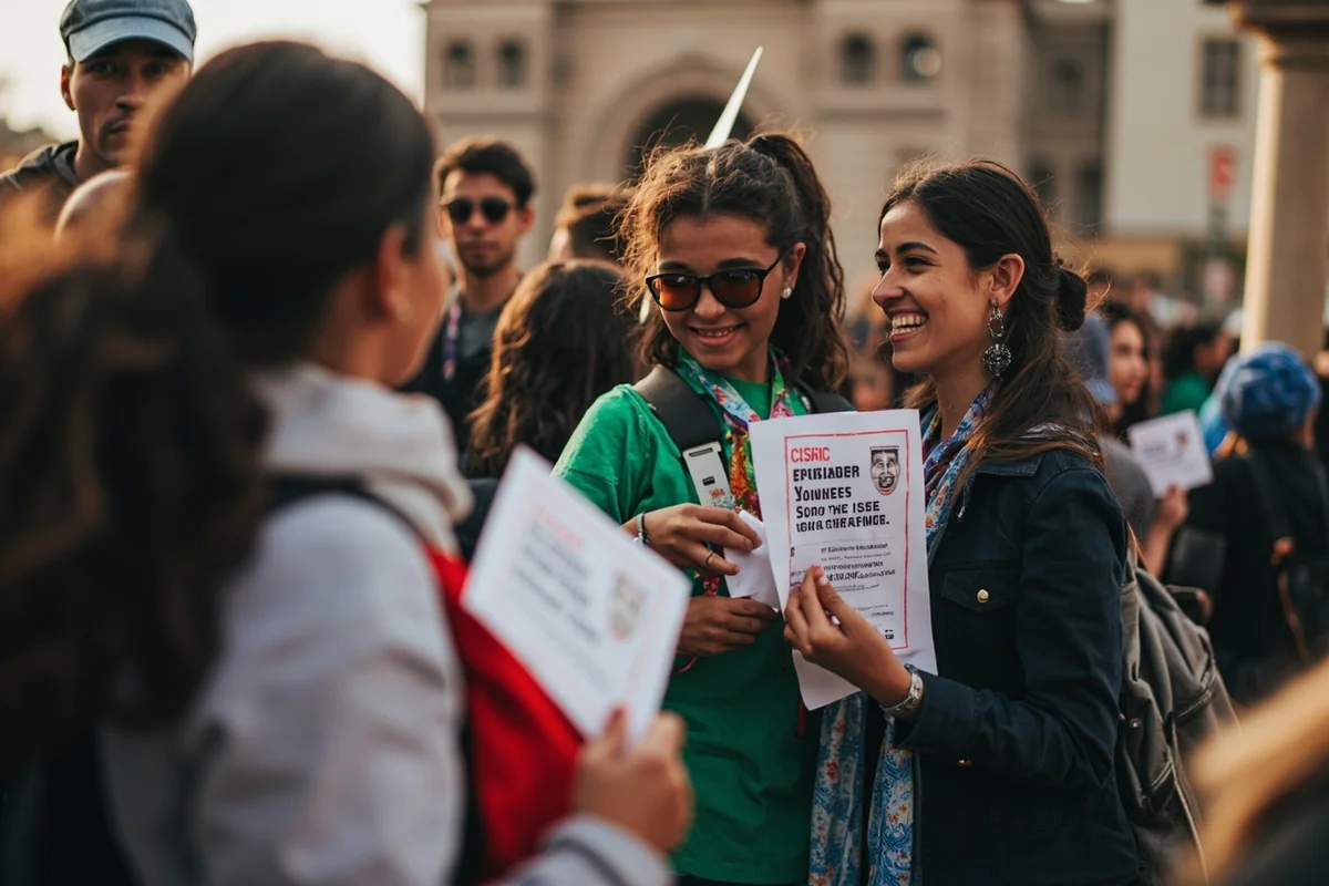 Young people at community organizing event with voter registration materials