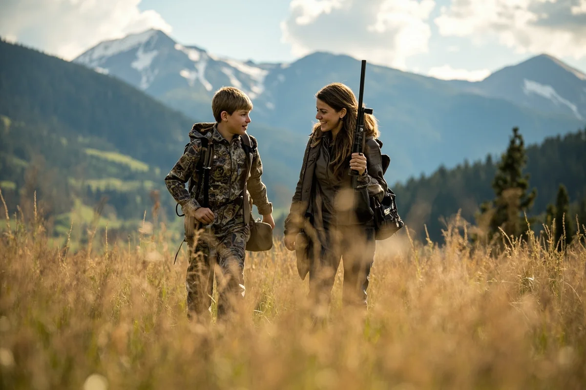 Youth hunter with parent in Montana mountain meadow