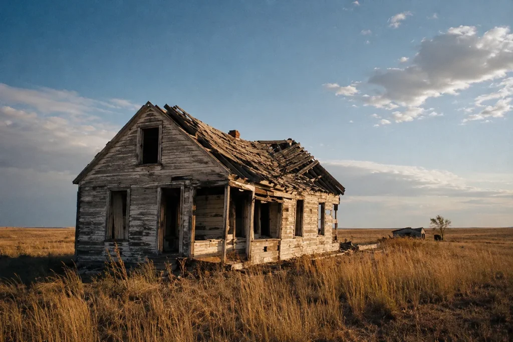 Old abandoned homestead on the Montana plains with weathered wood walls and a collapsed roof under a vast blue sky