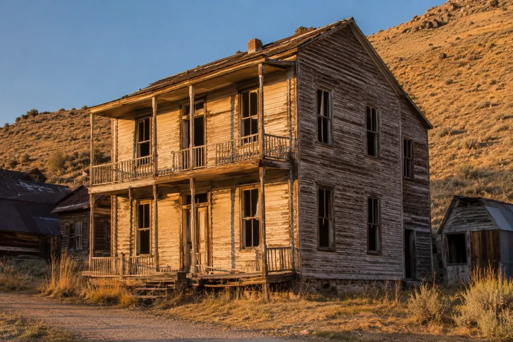 Two-story weathered wood boarding house at Comet Montana ghost town