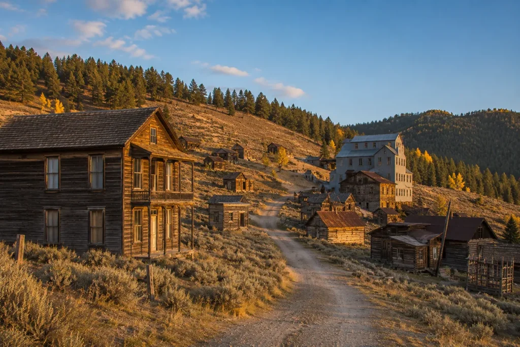 Two-story weathered wooden boarding house and scattered cabins at Comet Montana ghost town along High Ore Road