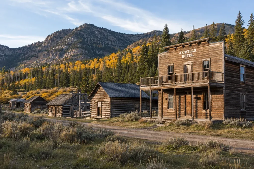Wide view of Garnet Ghost Town's preserved log buildings against forested mountain backdrop in western Montana