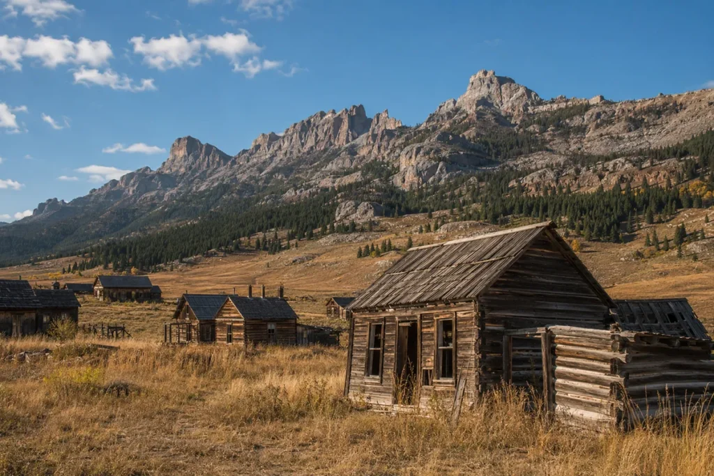 Leaning wooden buildings of Castle Town ghost town set in a grassy valley below the Castle Mountains in central Montana