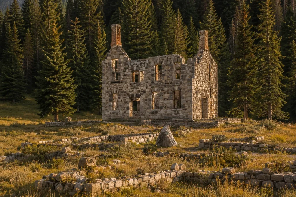 Stone superintendent's house at Granite Ghost Town State Park Montana with partial walls and chimneys